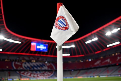 Night shot, corner flag with logo FC Bayern Munich FCB, Champions League, Allianz Arena, Munich,