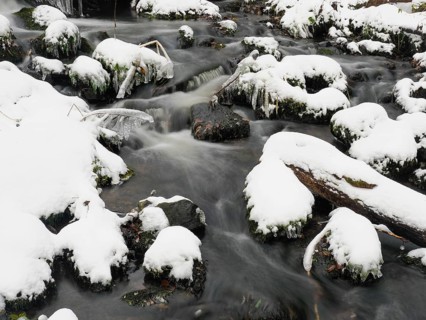 Hill Stream, the Schwartzbach, in snow and ice in November. The Rhön UNESCO Biosphere nature