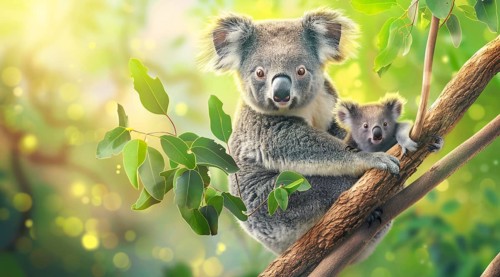Australia, Cute Koala bear with a joey cub sitting on a tree in natural habitat., AI generated,