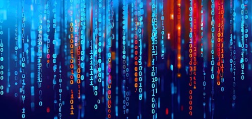 Binary code cascading down like digital rain, representing data insights, vibrant hues, AI