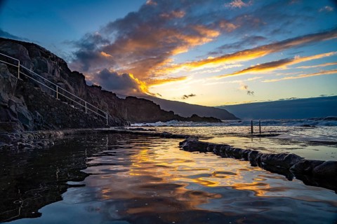 Sunset at the natural swimming pool La Maceta, El Hierro, Canary Islands, Spain, Europe