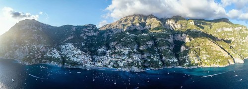 Panorama of Positano from a drone, Amalfi Coast, Italy, Europe