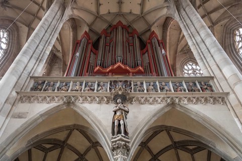 Organ loft, organ built in 1997, late Gothic hall church of St George, Dinkelsbühl, Bavaria,