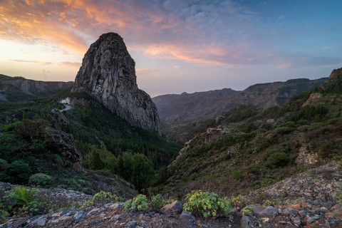 Roque de Agando rock tower at sunrise, Monumento Natural de los Roques, La Gomera, Canary Islands,