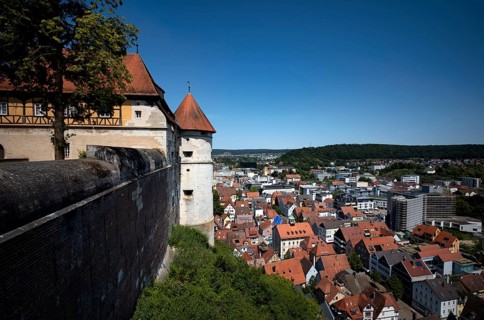 View from the Hellenstein Castle fortress to the old town centre, Heidenheim an der Brenz,