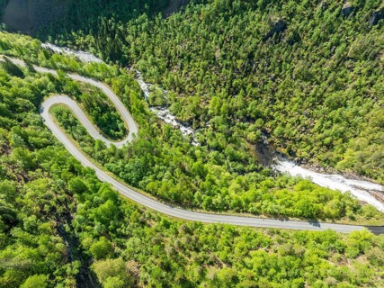 Aerial view of outflow of waterfall Skjervsfossen, near Granvin, Hardanger, Norway, Europe