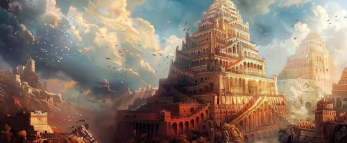 Illustration of Babylon tower in bible, a concept of evil task against god will, AI generated