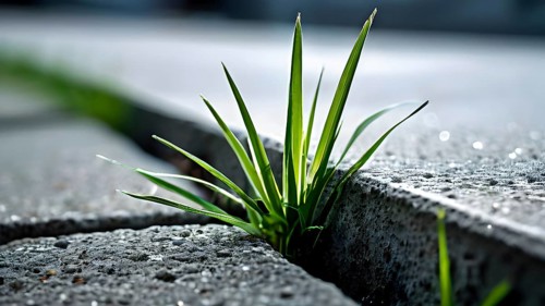 A single blade of grass pushing through a crack in a concrete sidewalk, representing the simplicity