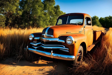 Rusted 1950s pick up truck parked on a lonely dirt road, with a sun-faded paint job and tall grass