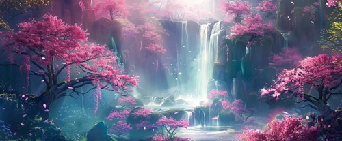 Paradise land full of flowers, scenic nature and waterfalls, AI generated