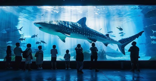 People enjoy marine underwater life in aquarium. Sharks whales Manta Rays and dolphins, AI