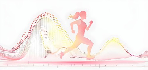 Illustration of a wave of data points shaping into a female runner silhouette, red and yellow