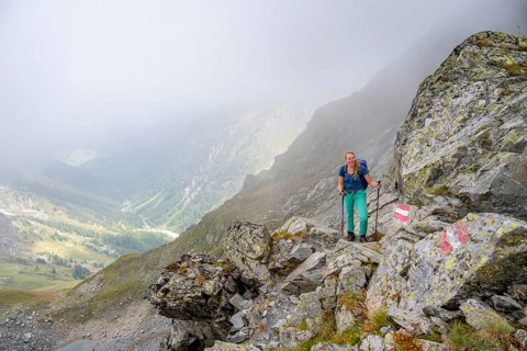 Hiker in the fog, Alpine dangers, Carnic Main Ridge, Carnic High Trail, Carnic Alps, Carinthia,