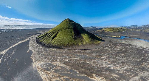 Aerial view, Mælifell mountain covered with moss, Maelifell, black sand desert Mælifellssandur,