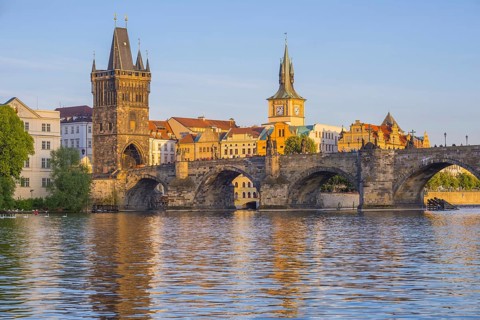 Vltava and Charles Bridge, Old Town Bridge Tower, Water Tower of the Old Mill, Prague, Bohemia,
