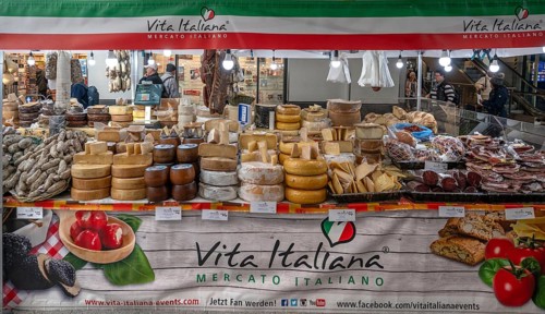 Italian cheese and sausage offer during the Italian weeks in Nuremberg, Middle Franconia, Bavaria,