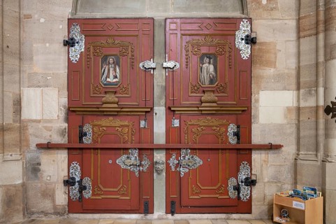 The bridal portal in the late Gothic hall church of St George, Dinkelsbühl, Bavaria, Germany,