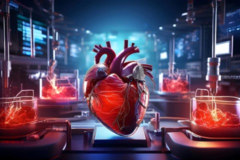 Human heart enmeshed in a delicate network of cells and arteries, AI generated