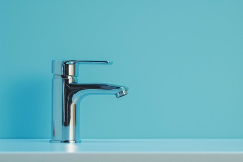 Water faucet tap on blue studio background. KI generiert, generiert, AI generated