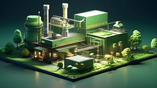 Concept model of green factory engaged in the act of green washing, AI generated