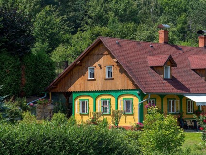 Colourful old half-timbered house, log construction, half-timbered, restored, Lusatian Mountains,