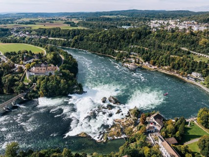 Aerial view of the Rhine Falls in autumn, Neuhausen, Canton Schaffhausen, Switzerland, Europe