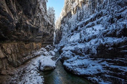 Winter, snowy landscape, river Breitach and hiking trail through the Breitachklamm gorge near