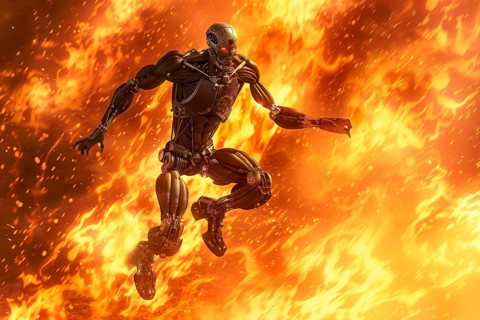 Futuristic humanoid robot running and jumping through an apocalyptic fire, AI generated