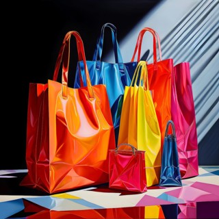 Assorted vibrant shopping bags lined up in front of a grey background, AI generated