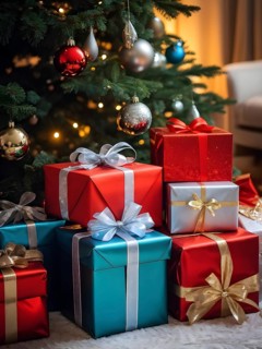 Beautiful wrapped Christmas gifts with shiny ribbons and bows stacked under a evergreen tree in a