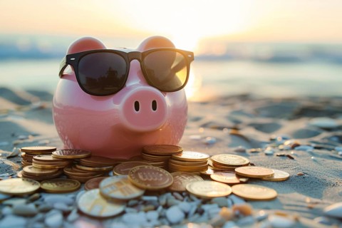 Piggy bank with coins on sunny beach. Generative ai, AI generated