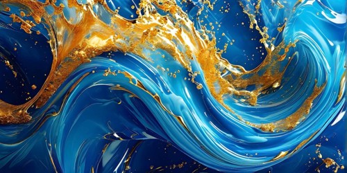 Digital art illustration of a liquid whirlpool swirling with blue and golden tones, AI generated