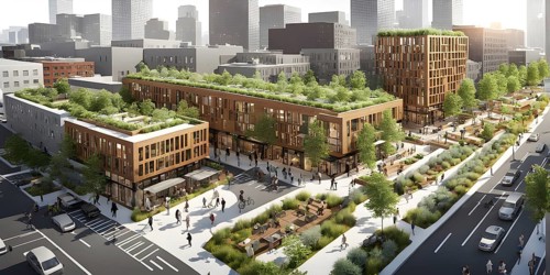 3d model render showcasing an urban neighborhood boasting ecological zero waste infrastructure with