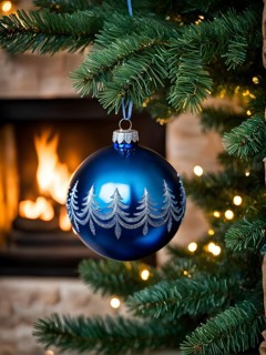 Christmas ornament hanging on a tree, with reflections of twinkling lights and fireplace flames