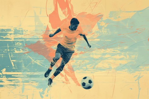 A soccer player dribbles and kicks a soccer ball. Abstract vintage grungy poster style with muted