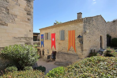 Building with banner and flags, mountain village, Les Baux-de-Provence, Alpilles, Alpilles,
