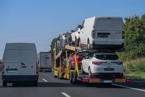 Car transporter on the A6 motorway, Nuremberg-Heilbronn, Bavaria, Germany, Europe