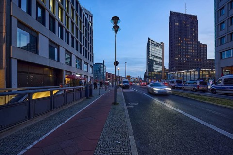 Ebertstraße with skyscrapers Forum Tower and Kollhoff-Tower at Potsdamer Platz at blue hour, dusk