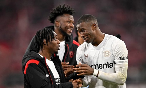 Final cheer, joy, Jeremie Frimpong Bayer 04 Leverkusen (30) (left) Edmond Tapsoba Bayer 04