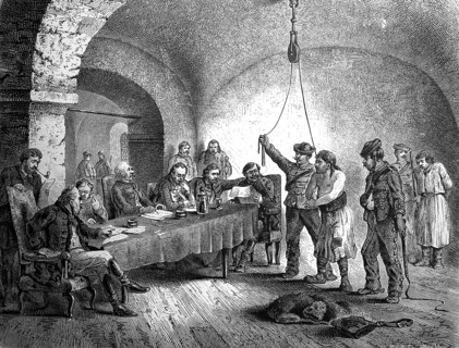 A Hungarian stool court scene from 1850, Hungary, court negotiation, stool master was the lord of