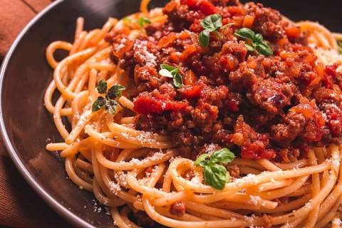 Spaghetti Bolognese, top view, close-up, no people, homemade