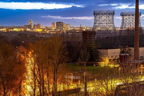 Skyline of Essen city centre, view from the north, skeleton of the cooling towers at the Zollverein