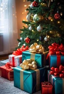 Beautiful wrapped Christmas gifts with shiny ribbons and bows stacked under a evergreen tree in a