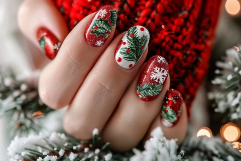 Close up of woman's fingernails with red, green and white colored nail polish with seasonal