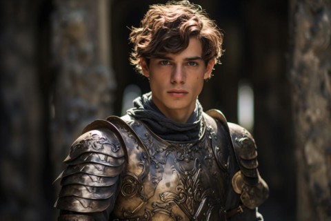 Young man in golden shiny knight armor. KI generiert, generiert, AI generated