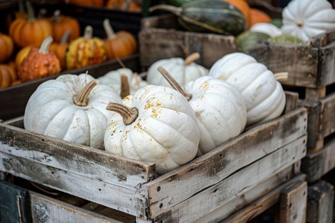 White pumpkins on wooden racks at market. Generative Ai, AI generated