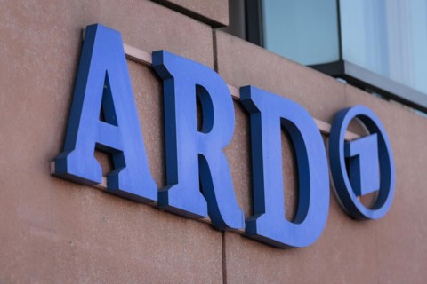 Logo on the capital city studio of ARD in Berlin, 27/03/2024