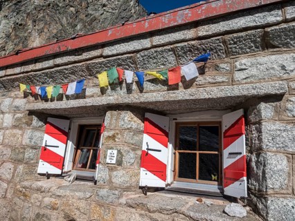 Mountain hut Cabane de l'A Neuve, located on a steep rock formation, near La Fouly, Val de Ferret,