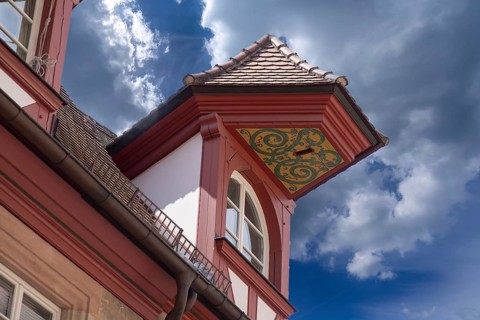Historic roof lift bay windows on a residential building, Weißgerbergasse 29, Nuremberg, Middle