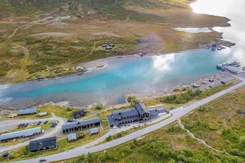 Aerial view of Gjendesheim tourist hut at river Sjoa, Jotunheimen National Park, Norway, Europe